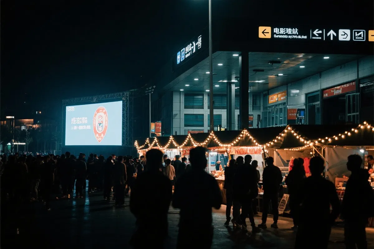费城球迷广场夜景：大屏观赛人群、步行指示牌与公共交通入口